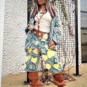 Blue Velvet Patchwork Denim Shorts/Jorts with Heart Accents